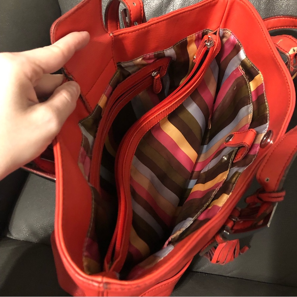 Coral Striped Tote Bag Pocketbook Purse - Picture 2 of 6